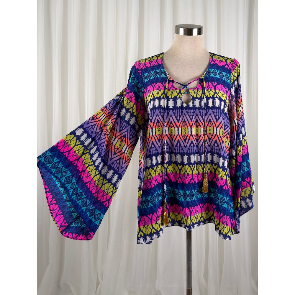 Alice & Trixie Geometric Print Bell Sleeve Boho Blouse Womens Silk Size M